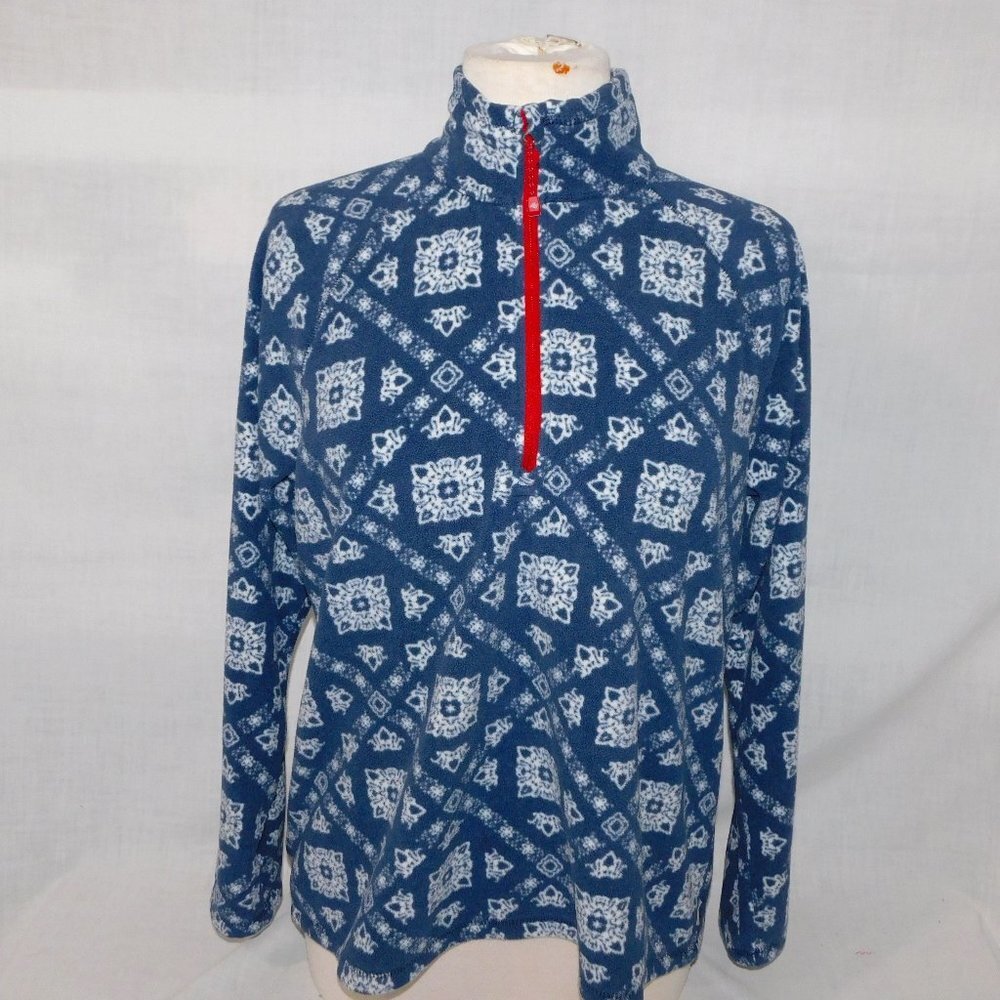 Eddie Bauer Quest 1/4 Zip Pullover Blue White Print Fleece PL Petite LP Large